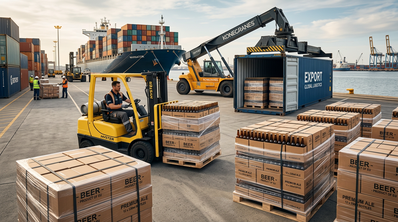 nano banana 2 create a realistic premium commercial image representing beer import and export sho 2